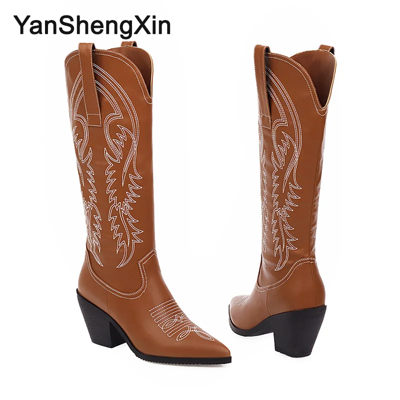 

YANSHENGXIN Shoes Woman Boots Embroidery Genuine Fur High Heel Women Boots Autumn Winter Boots Pointed Toe Women Slip-on Shoes
