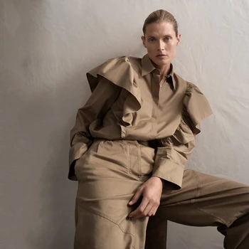 

ZA Women's Khaki Shirt Autumn and Winter Long-sleeved Lapel Stitching Ruffled Poplin Loose Shirt Front Single-breasted Closure
