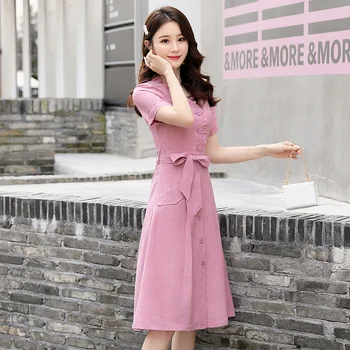 

2019 Summer New Women's Lace-up Slim Slimming V-neck Long Solid Color Fashion Cotton and Linen Dress