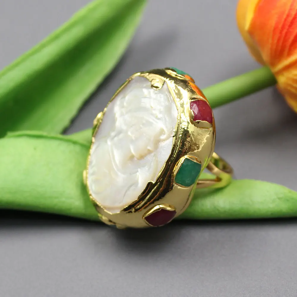 Natural Shell Pearl Beauty Red Green Jades Gold Color Plated Ring Adjustable Handmade For Lady