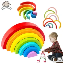 Blocs en bois arc en ciel Montessori pour bébés, 1 ensemble de jouets à empiler, Puzzle éducatif, cadeaux de noël avec boîte 