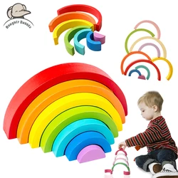 1 conjunto montessori empilhando brinquedos de madeira blocos do arco íris para o jogo de equilíbrio do bebê quebra cabeça educacional presentes de natal com caixa