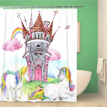 

Bathroom Shower Curtain Colorful Pony Princess Castle Watercolor Unicorn Tale Green Rainbow Polyester Fabric 60x72 inches