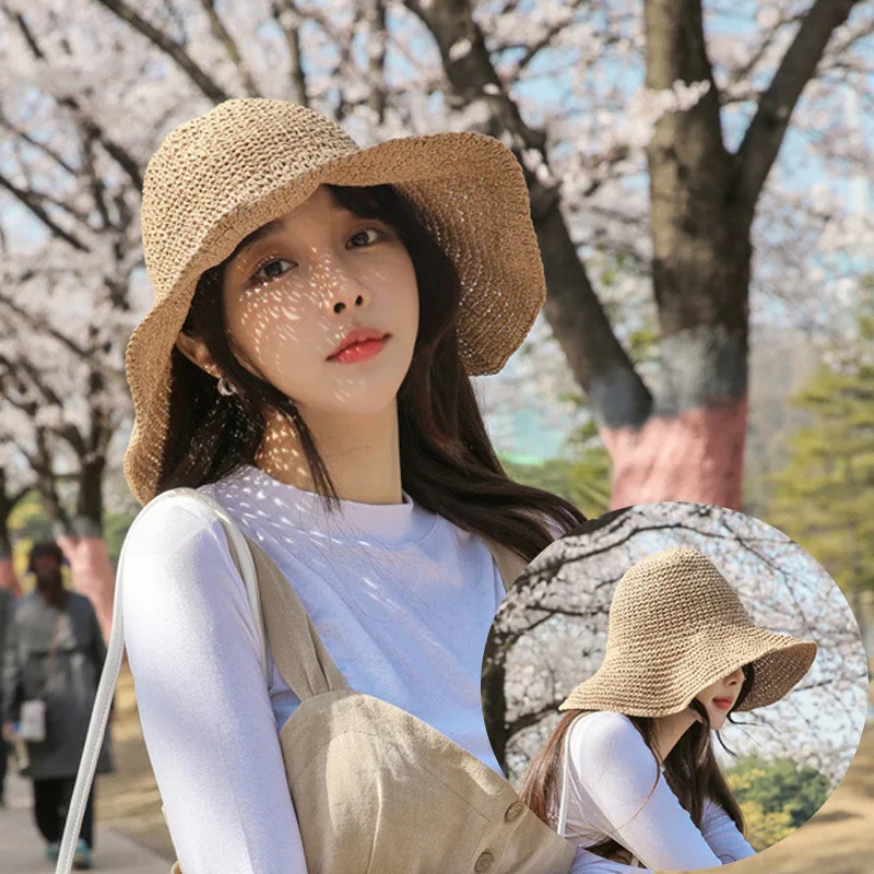 

Korean-style Handmade Straw Solid Color Crochet Needle Straw Hat Summer Big Brim College Style Bucket Hat Versitile Fashion Casu