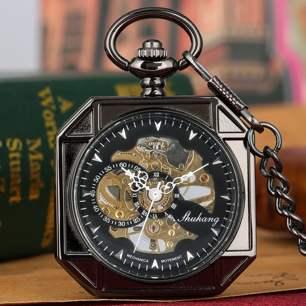 Vintage Octagonal Mechanical Hand Wind Pocket Watch Skeleton Dial
Pendant Watch Fob Chain Clock Hours Men Women Gifts Relgio