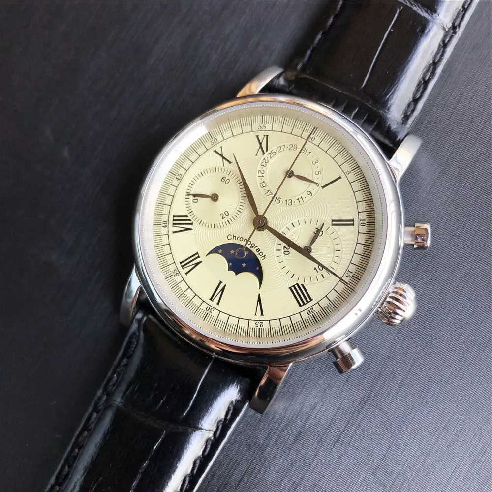 Часы с сапфировым циферблатом, пилотный хронограф,, настоящие ST1908, мужские механические часы, календарь, фаза Луны, Топ бренд
