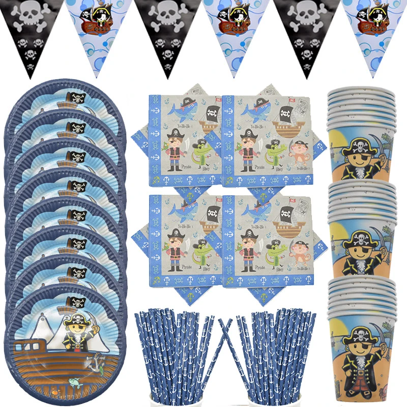 

Cartoon Blue Pirate disposable tableware set paper plates cups napkins banner wedding decor baby shower birthday party supplies