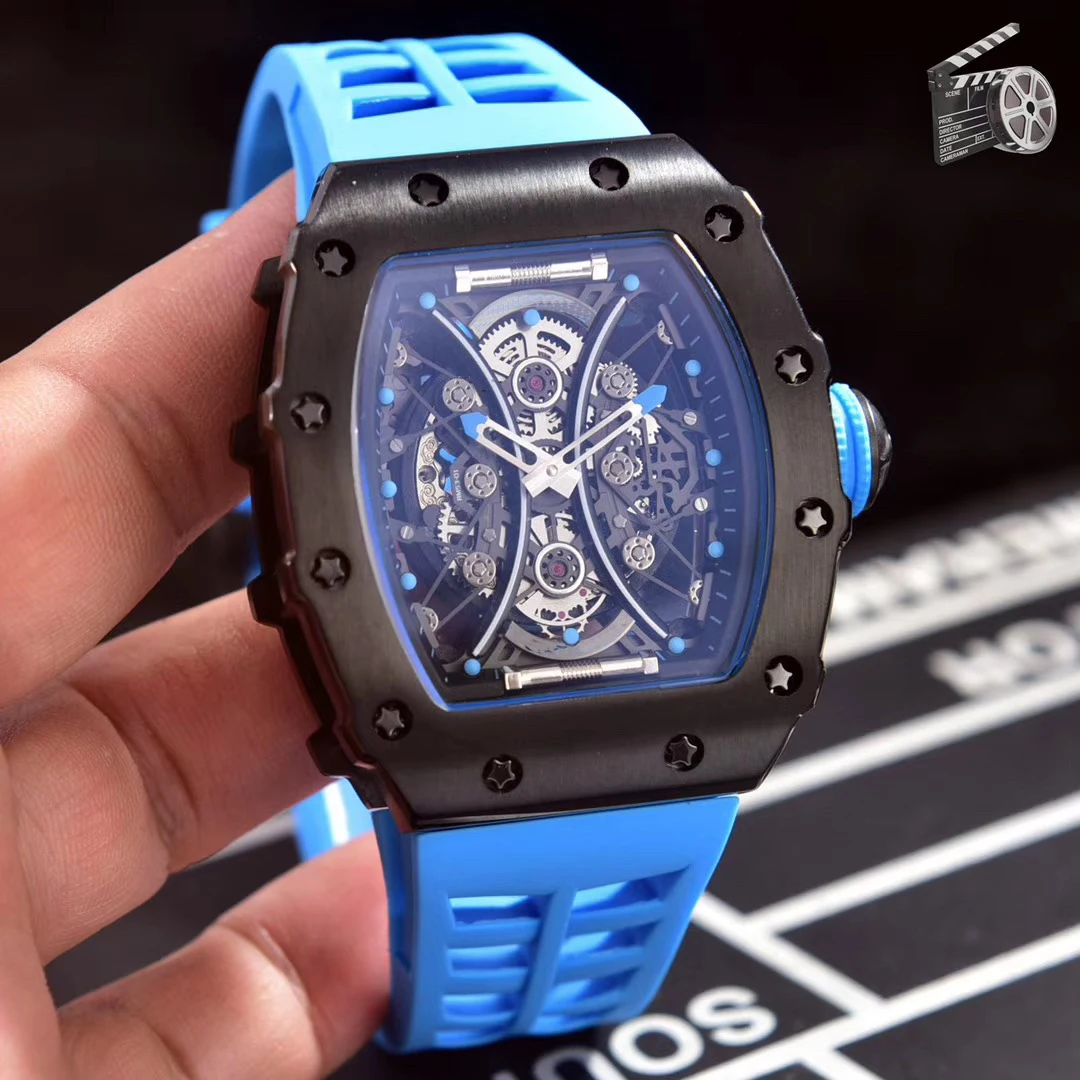 Blue Black Роскошные брендовые новые черные резиновые мужские часы сапфировые автоматические механические розовое золото Красный Синий Tourbillion No Date Sport Fiber AAA - Цвет: Blue Black