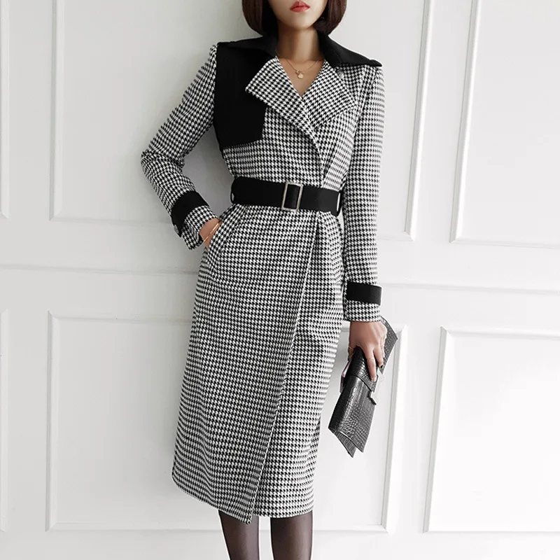 

2019 Winter New Style Korean-style Elegant Retro Double Breasted Belt Waist Hugging Joint Thousands of Birds Woolen Jacket