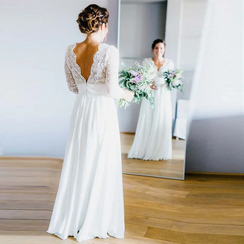 

Long Sleeves Wedding Dresses Lace Chiffon Floor Length Backless A-Line Boho Bridal Gowns Bride Dress Vestido de Noiva