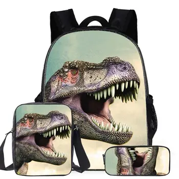 

Cool T-rex Dinosaur School Bags Set 3Pcs Large Canvas Backpack Teen Boys Students Book Bag with Lunch Box Pen Case