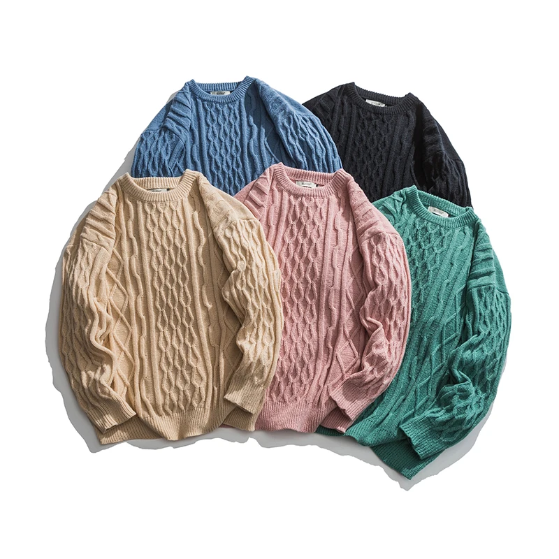 

2021 men's autumn new solid color twist round neck pullover sweater