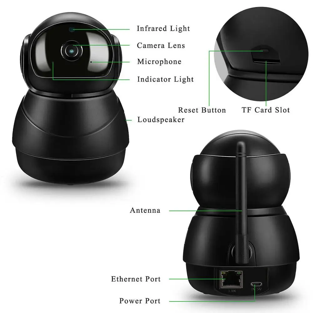 

WiFi wireless webcam infrared night vision camera with wide viewing angle, built-in microphone, speaker, two-way voice chat