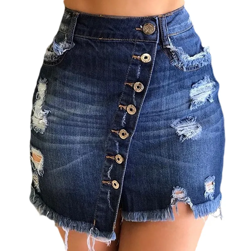 

Women Sexy Denim Skirt Ripped High Waist Jean Skirt Saia Jeans Button Front A-Line Casual Distressed Fray Jean Mini Skirts
