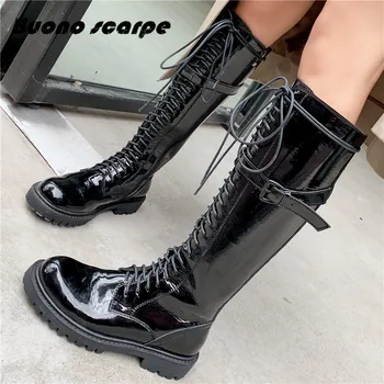 

Buonoscarpe 2019new knee high boots women pu+genuine leather boots zip cross tied autumn winter platform motorcycles boots women