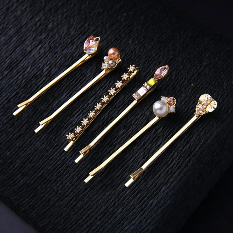6Pcs Set Minimalist Jewelry Women Hair Clip Colored Imitation Pearl Rhinestone Flower Hairpin Sweet DIY Styling 2