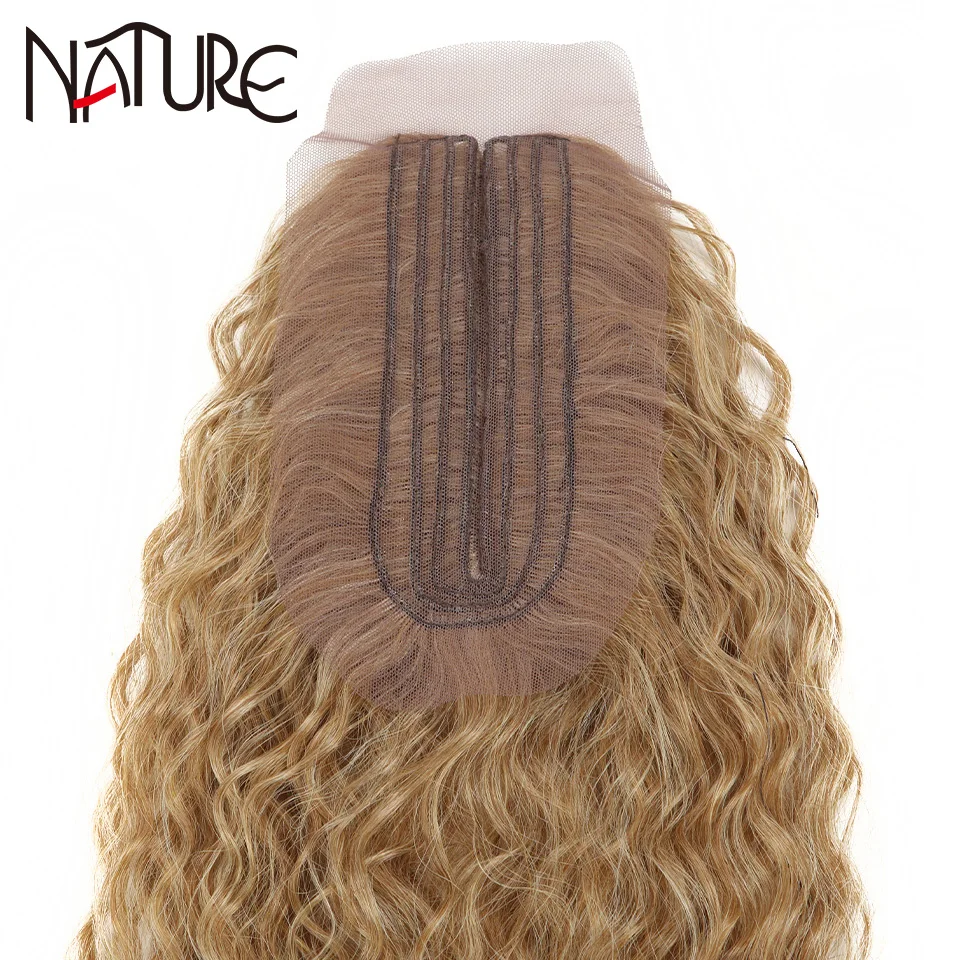 Nature Hair Afro Kinky Curly Hair Bundles Extensions With Closure Ombre Golden 30inch Soft Super Long Hair Synthetic Wave Hair