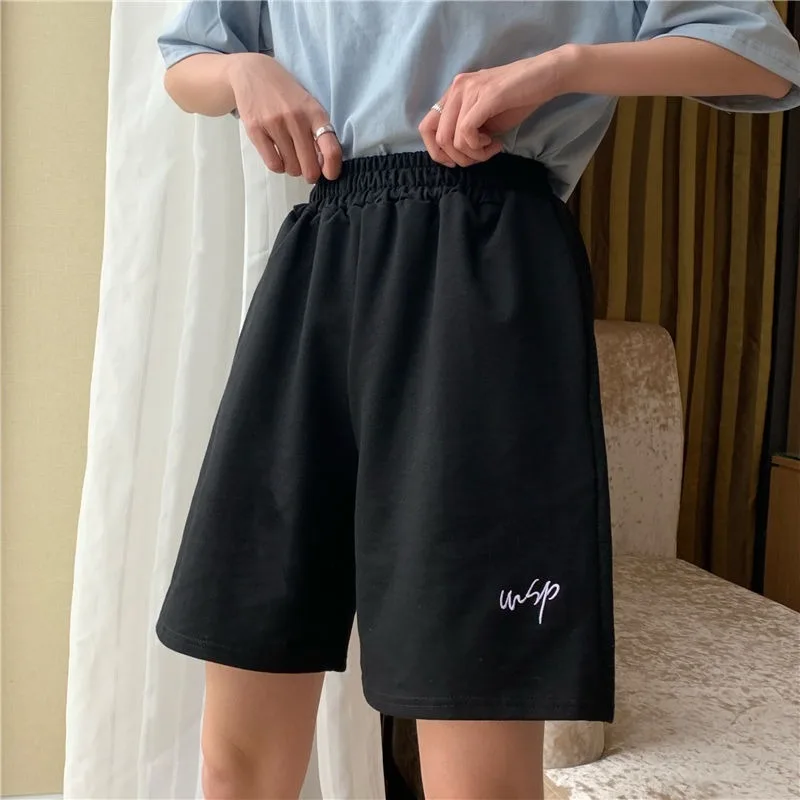 Shorts Women Summer Loose 3XL Solid Embroidery BF Wide leg Knee length Harajuku Casual Simple Ins Trendy All match Students Chic