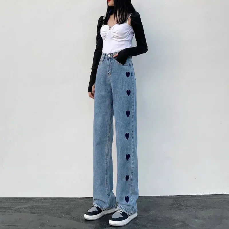 

New Embroidery Jeans Women Casual Straight Loose Full Denim Pants Mom High Waist Jean Femme Streetwear Long Harem Pants
