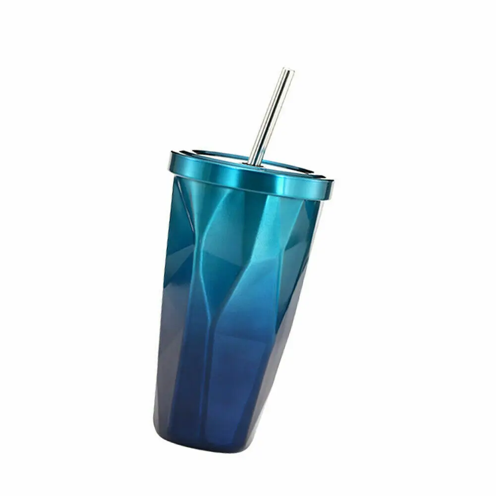 Двойная рифленая нержавеющая сталь Изолированная чашка для кофе вакуумная Термокружка для путешествий молоко питьевой и соломы 500 мл - Цвет: Синий