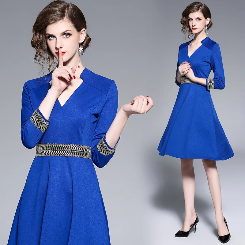 

Europe And America 2018 Autumn And Winter New Style WOMEN'S Dress Elegant Slim Fit Slimming V-neck A- line Skirt Embroidery Long