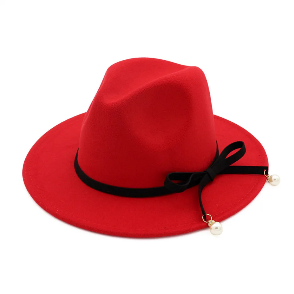 Унисекс Для мужчин Для женщин шерстяная шляпа Fedora с бантом элегантные женские вечерние шляпка для церкви Размеры окружности головы 56-58 см - Цвет: Red