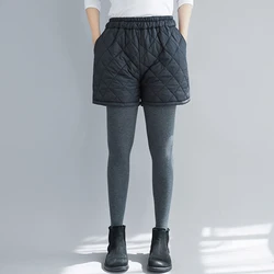 Calções soltos de cintura alta elástica, bermudas com bolsos, pernas largas femininas, casuais, pretos, de algodão, quentes, acolchoados