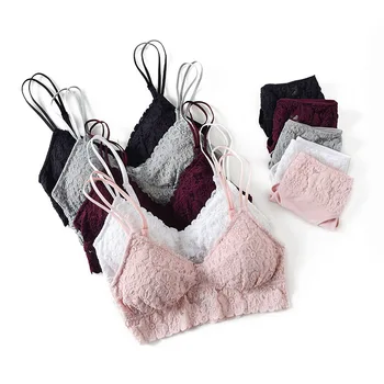 

Cotton Lined Lace Top Floral Embroidery Bra and Panty Set Underwear Girls Wireless Bra with Removable Padded Women Sexy Lingerie