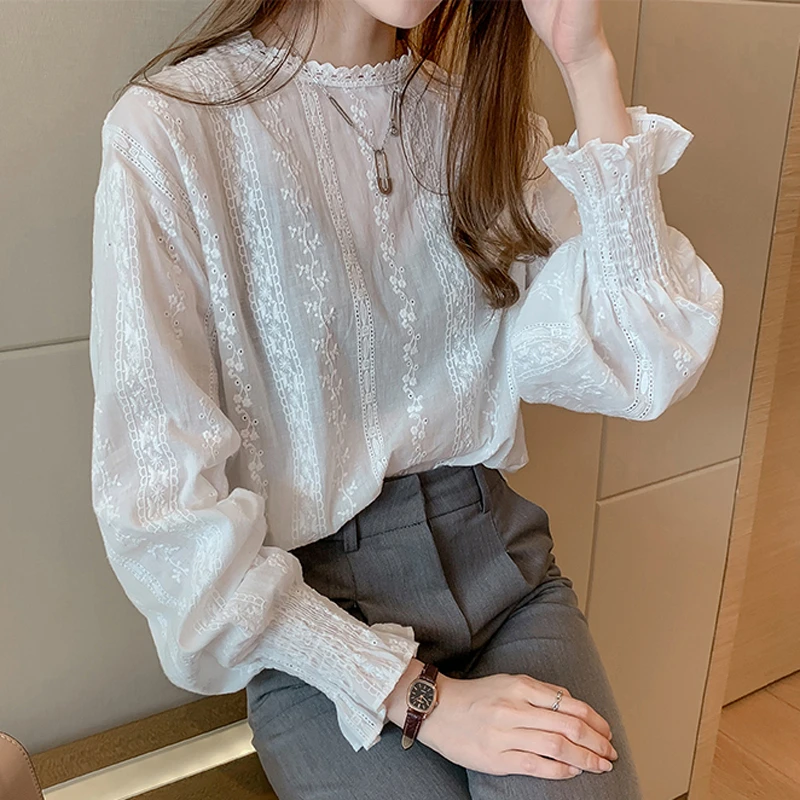 韓国スタイル長袖レースシャツ白シャツ女性のベル袖インナートップ秋 Blouses Shirts Aliexpress