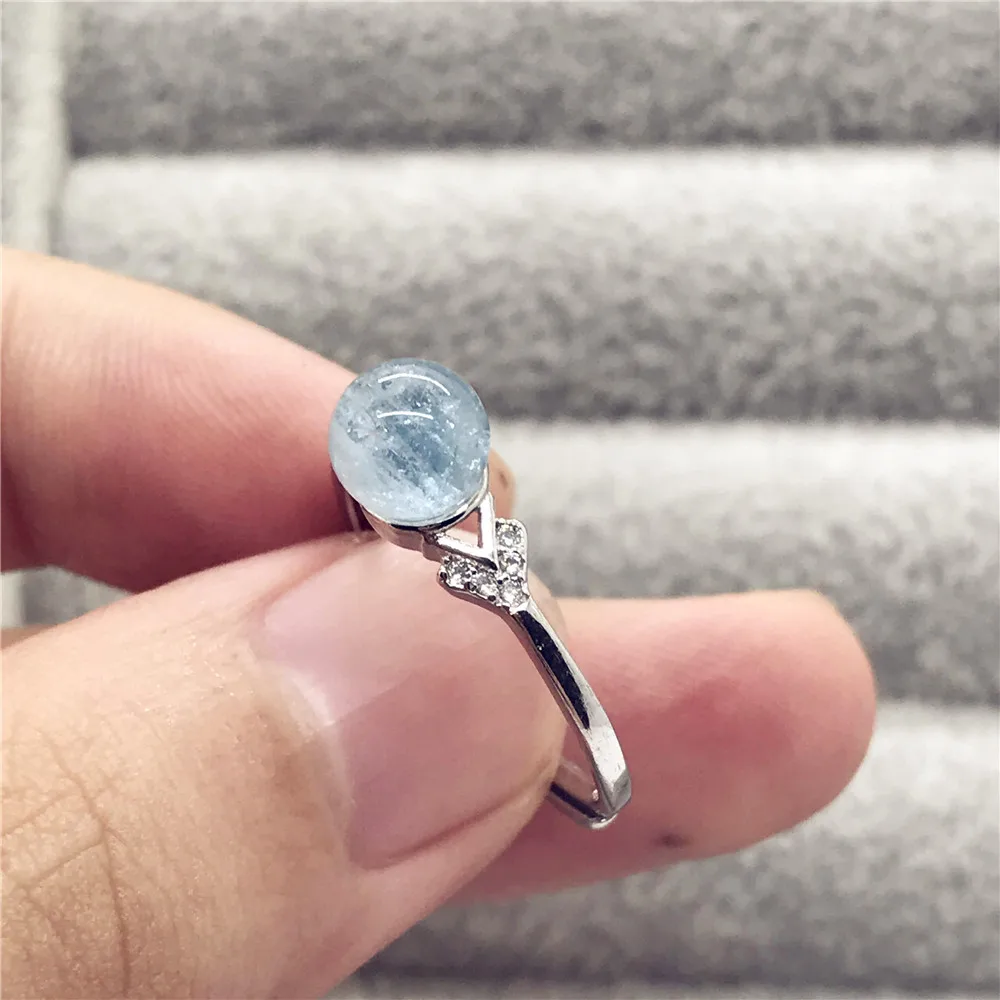 6 мм натуральный синий стразы цвета Аквамарин кольцо для женщин вечерние подарочные бусины 925 Серебряный Драгоценный Камень Регулируемое кольцо ювелирные изделия AAAAA