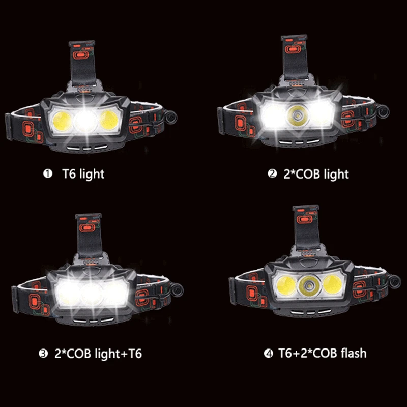 Супер яркий светодиодный налобный фонарь T6+ 2COB светодиодный налобный светильник, налобный фонарь, водонепроницаемый фонарь, налобный светильник, 2*18650 батареи для кемпинга