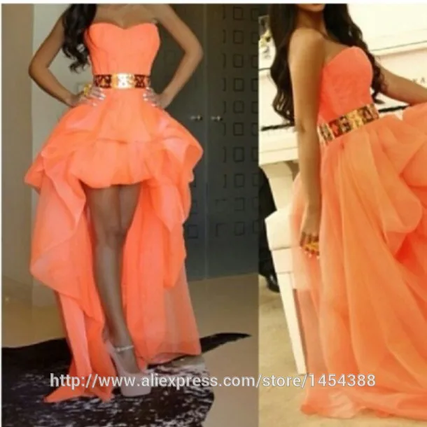 Сексуальное Милое Платье с высоким и низким золотым поясом, асимметричное спереди короткое сзади длинное Персиковое платье vestidos de gala, платье для выпускного вечера es - Color: Orange