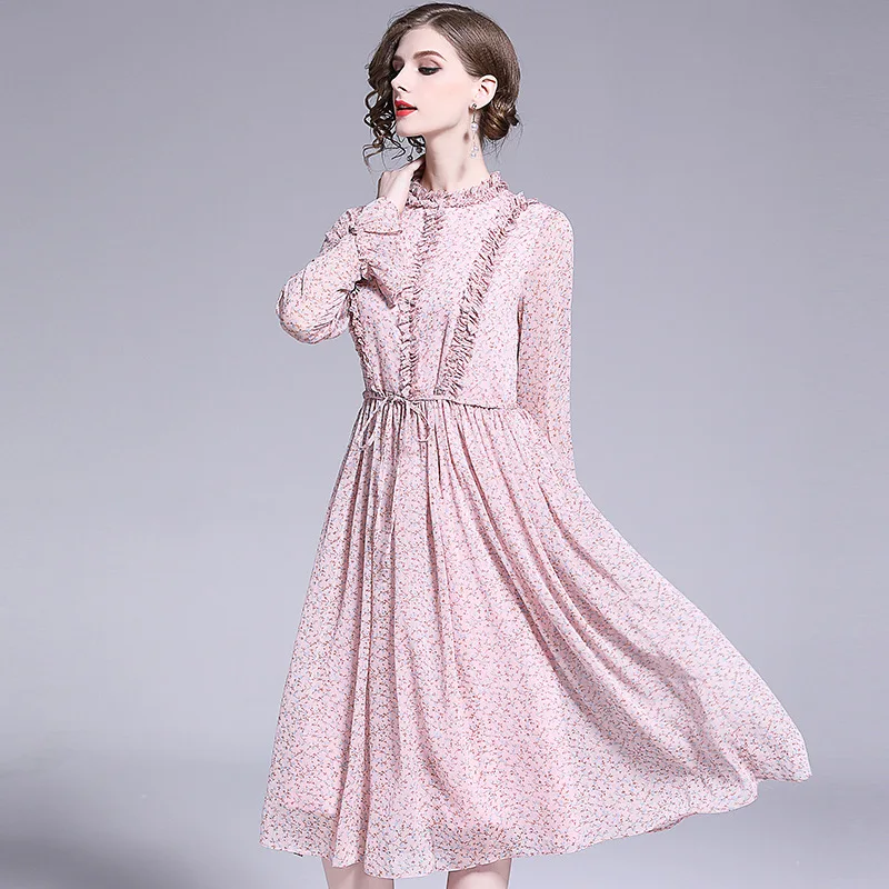 

Spring and summer 2020 new femininity lady trumpet sleeve small floral loose Ruffle Chiffon Dress long sleeve dress party dress