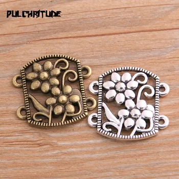 

PULCHRITUDE 6pcs 28*29mm Retro Two Color Zinc Alloy Hollow Flower Pendants Connectors Linker For DIY Charm Jewelry Accessorie