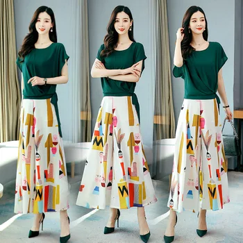 

Fashion set 2020 summer Korean new product T-shirt printing skirt pants thin two-piece suit
