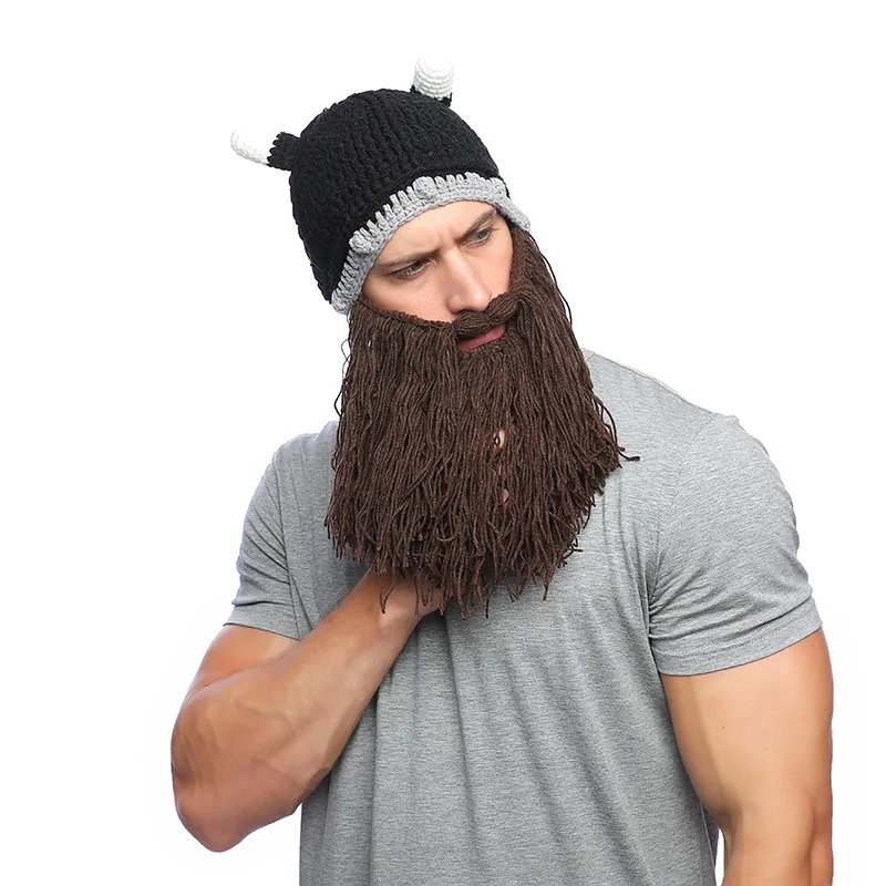 

Europe And America Autumn And Winter Hat Hot Selling Foreign Trade Halloween Cool Viking Hat Hand-woven Beard Ox Horn Wool Cap