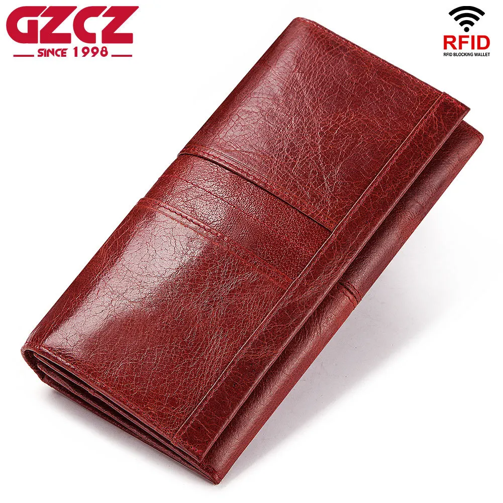 

GZCZ Refid Women Long Wallet Fashion Lady Vintage Wallet Quality Genuine Leather Female Wallet Coin Purses Long Casual Wallet