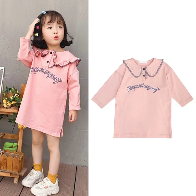 

Girls Spring Autumn Lapel Princess Casual Letter Print Sweet Long Sleeve Dress