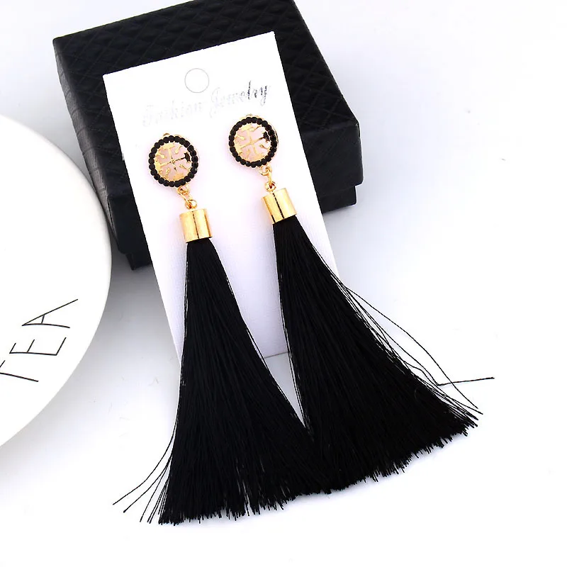 

Black Crystal Flower Fringe Earings Earing Geometric Long Dangle Tassel Earrings For Women 2019 Fashion Jewelry Oorbellen Gift