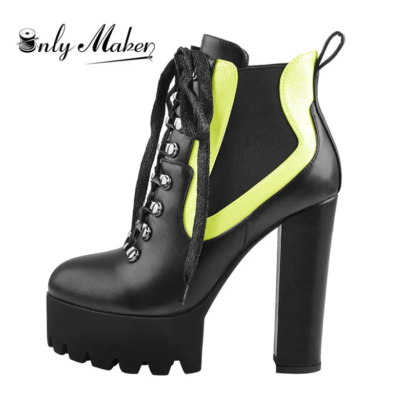 Onlymaker/женские модные ботильоны на платформе и не сужающемся книзу высоком массивном каблуке осенние ботинки на шнуровке с круглым носком; большие размеры США 5-15