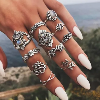 

RAVIMOUR 14 Styles Boho Knuckle Rings for Women Bohemian Elephant Flower Punk Midi Finger Ring Set Indian Jewelry Anillos Mujer