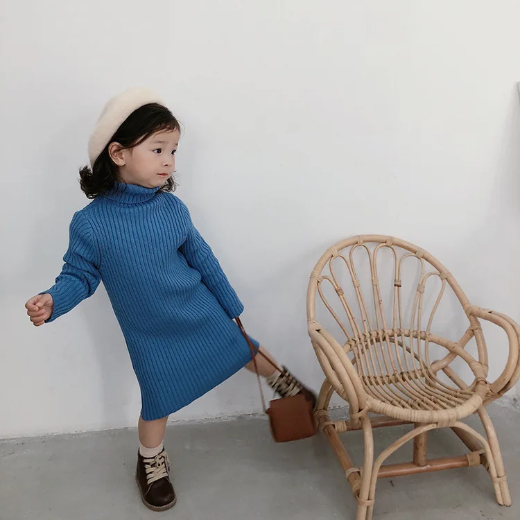 Обтягивающее трикотажное платье для маленьких девочек однотонная детская одежда детские зимние платья-свитера с воротником-хомутом