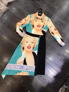 

New European and American women's dresses for spring 2020 Long sleeve lapel Characters printed Fashionable irregular dress