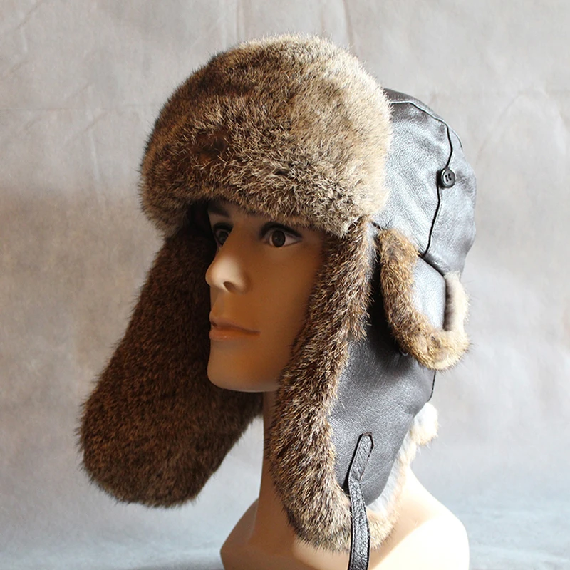 Winter Fur Bomber Hat Men Women Leather 