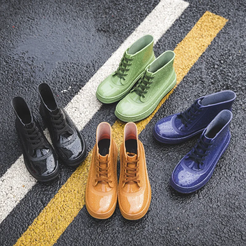 Men's Rainboots Spring Winter Rubber Shoes Men Platform Rain Boots Boy Waterproof Black Mens Ankle Boots Lace-Up Shoes