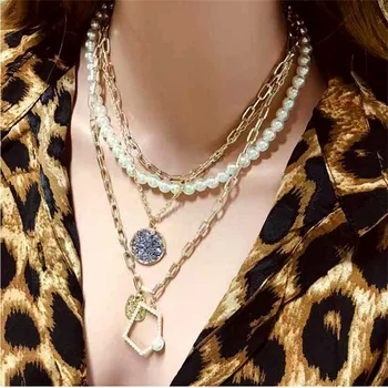 

Bohemian Pearl Multi-layer Necklace for Women Punk Crystal Rhinestone Geometric Pendant Necklace Party Statement Jewelry