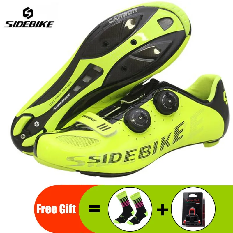 SIDEBIKE/Обувь для шоссейного велоспорта из углеродного волокна; комплект с педалью; sapatilha ciclismo; ультралегкие велосипедные самозакрывающиеся мужские кроссовки - Color: green add gift