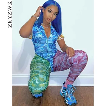 

ZKYZWX Sexy Camouflage 2 Piece Set Women Tracksuit Summer Clothes Bodysuit and Pant Sweat Suits Two Piece Outfits Matching Sets