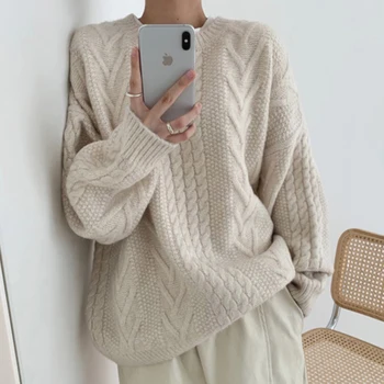 

2020 Autumn Winter Twist Knitted Sweater Solid Color Loose Tops Women Warm Oversize Pullovers poleras mujer Lazzy Jumper