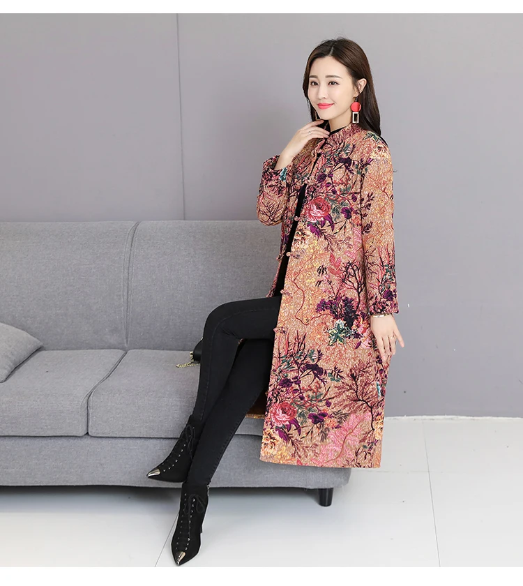 Photo Shoot Autumn And Winter New Style Large Size Retro National Style Printed Cotton Linen Brushed And Thick Frog Hat Overcoat
